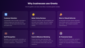 Greetu.io for business offers free greetig cards that encourage positive reviews onli;ne and increase revenues.